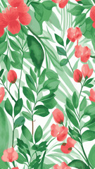 Floral hand drawn background. Botanical line art wallpaper with flowers, branches and eucalyptus leaves. Design in red and green shades watercolor texture for banner, prints, wall art and home decor.