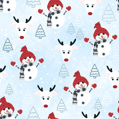 Funny snowmen in red hats and reindeer on a winter watercolor background. Christmas seamless pattern for wrapping paper and greeting cards.