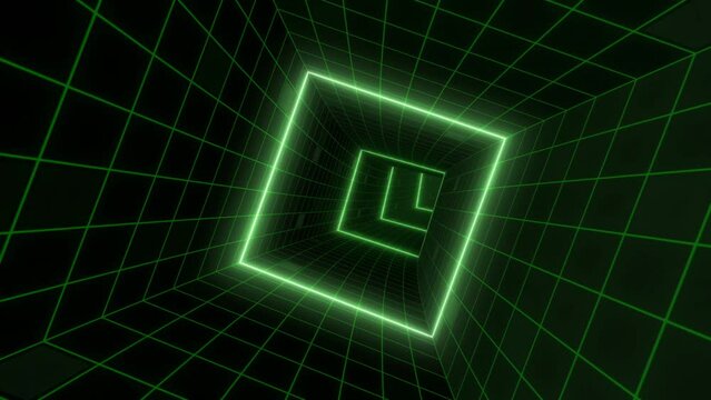 3d Abstract hyperloop neon grid square retro futuristic tunnel, 4k green cyberspace square high tech looping motion background 