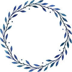 Fototapeta na wymiar Blue watercolor wreath. Round watercolor frame with leaves for wedding invitations, posters, greeting cards, web.
