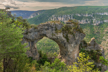 Stone arch above the Gorges du Tarn in the Cevennes National Park.