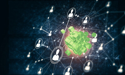 Concept of Internet and networking with digital cube figure on dark background