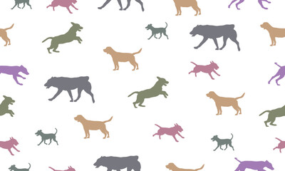 Dogs different colors isolated on a white background. Seamless pattern. Endless texture. Design for fabric, decor, wallpaper, wrap, surface design.