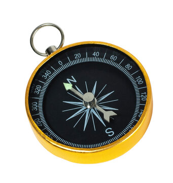 Pocket metal compass isolated on blank background.