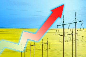 Power line and graph on background of the flag of Ukraine. Energy crisis. Concept of global energy crisis. Increase in electricity consumption. Arrow on the chart moves up