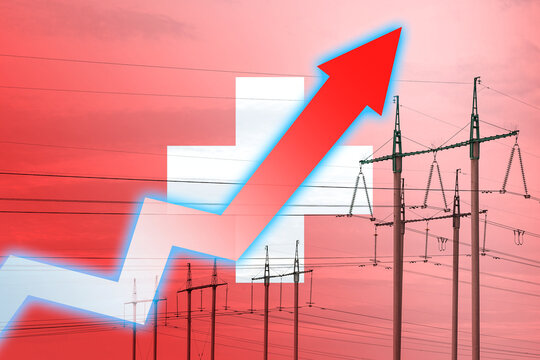 Power line and graph on background of the flag of Switzerland. Energy crisis. Concept of global energy crisis. Increase in electricity consumption. Arrow on the chart moves up - Powered by Adobe