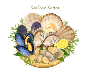 豪華海の幸盛り合わせー貝ーシーフードシリーズのイラスト手描きセット素材 © MerciArtworks