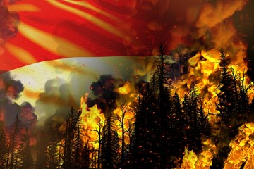 Big forest fire fight concept, natural disaster - infernal fire in the trees on Monaco flag background - 3D illustration of nature