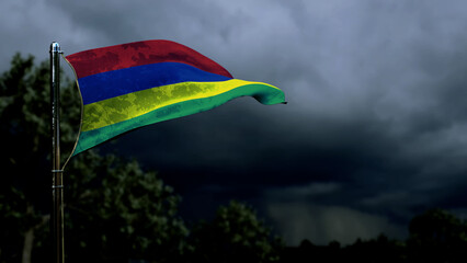 Mauritius flag for state holiday on dark storm cumulus clouds - abstract 3D rendering