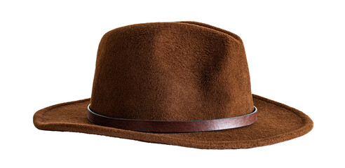 Side view of a brown leather cowboy hat isolated on blank background. - obrazy, fototapety, plakaty