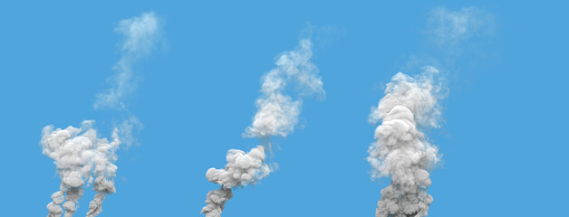 3 grey carbon smoke columns from explosion on blue, isolated - industrial 3D illustration