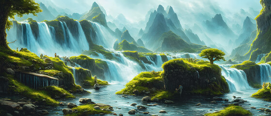 Artistic concept illustration of a waterfall landscape, background illustration.