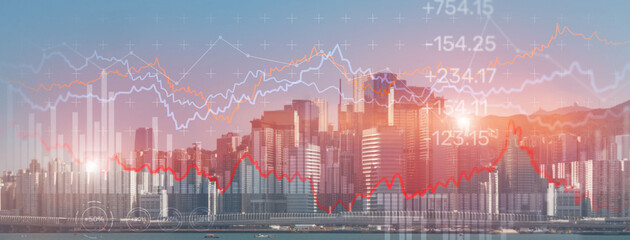 Double exposure Financial graphs and diagrams. Business, economics and investment concept on modern city background