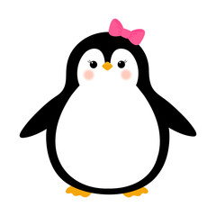 Penguin girl with a pink bow. Cute cartoon winter character. Isolated element on a white background.