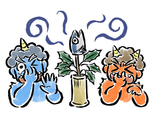 柊鰯の匂いに怯む赤鬼と青鬼　筆タッチイラスト