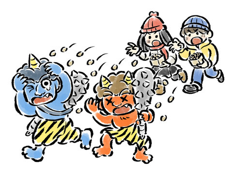豆をまいて鬼を追い払う子どもたち　筆タッチイラスト