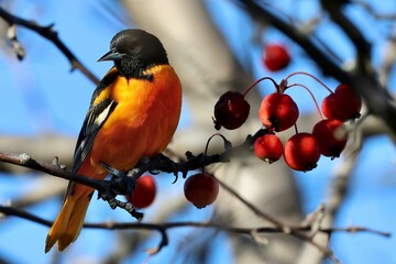 Closeup of a Baltimore oriole perched on a tree branch against the blurred background