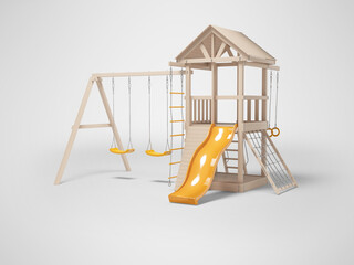 3d illustration of wooden playground with swing and slide for games isolated on gray background with shadow