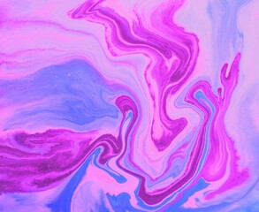 Fototapeta na wymiar Lilac-pink marble background pattern. Acrylic paint flows freely, mixes and creates an interesting pattern. Bright saturated shades. Background for laptop covers, books, laptop screensavers.