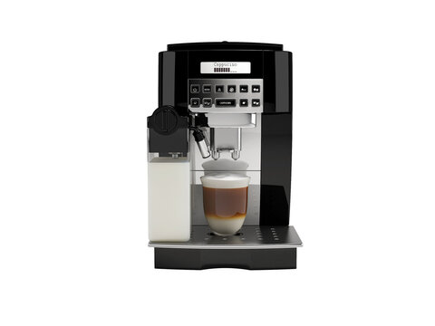 3D illustration of automatic coffee machine and mug of cappuccino on white background no shadow