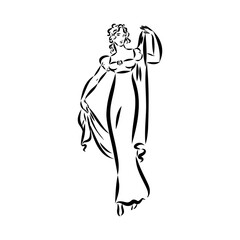 Hand-drawn simple vector drawing in black outline. Lady in vintage dress. Historical fashion. Ink sketch.