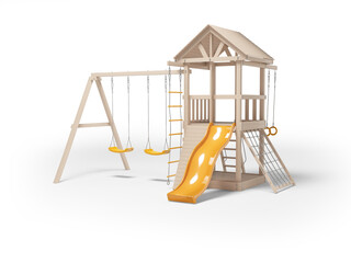 3d illustration of wooden playground with swing and slide for games isolated on white background with shadow