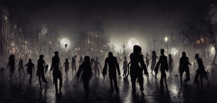 Artistic concept painting of a zombies on street, background 3d illustration.