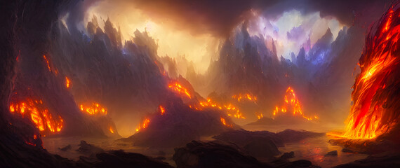 Artistic concept illustration of a burning lava landscape, background illustration.