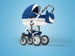 3D illustration of stroller cradle for autumn walks on blue background with shadow