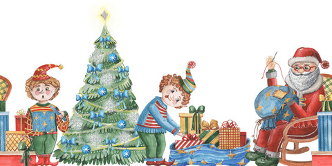Watercolor seamless horizontal border with christmas characters. Hand-drawn cute Santa Claus and his helpers - curly elves packing gift boxes to a bag. Vintage xmas illustration for decor.
