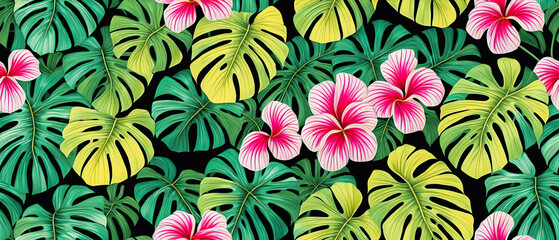 Seamless pattern of Tropical leaves and flowers,, background illustration.