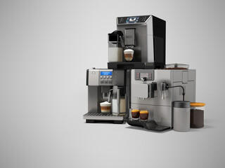 3d illustration group set of professional automatic coffee machine with cappuccino maker on gray background with shadow