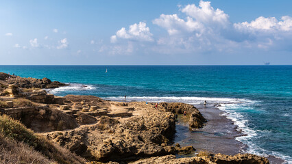 Panoramic view of Dor Beach National Park at the end of Summer early Autumn. People enjoying the last warm days of Autumn.
