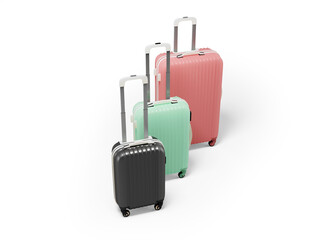 3d illustration of group of large medium and small wheeled suitcases for tourist travel on white background with shadow