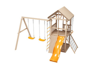 3D illustration of wooden playground with swing and slide for games on white background no shadow