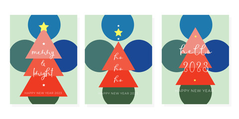 Set trendy Happy New Year greeting cards ho ho ho Merry Christmas template Minimalistic design green boho bauhaus color