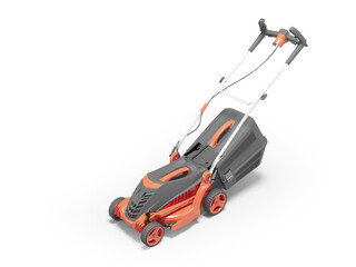 3d illustration of red professional electric lawnmower with grass catcher on white background with shadow