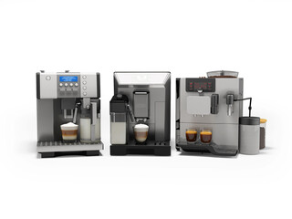3d illustration of group of professional coffee machines for different coffee drinks on white background with shadow
