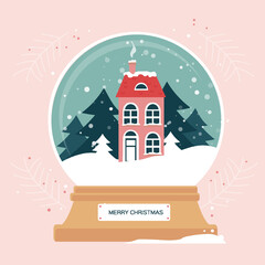 Christmas snowglobe with xmas scene in snow globe. Winter red house. Christmas tree. Happy New Year. Winter holidays. Flat style