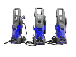 3D illustration of group of electric mini high- pressure washers for washing cars on white background no shadow