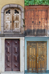 Fototapeta na wymiar old wooden doors with metal decorations in the historical part of various cities