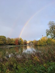 Vertical shot of the rainbow over Leazes Park in Newcastle upon Tyne, United Kingdom