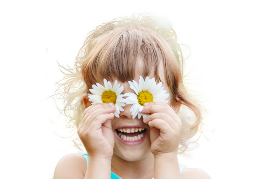 the girl is holding chamomile flowers in her hands. Selective focus. - Powered by Adobe