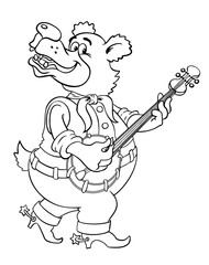 Vector outline image of a musician bear, isolated on white. Cartoon bear plays the banjo.
