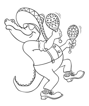 Joyful alligator in a Mexican hat with maracas. Cartoon crocodile musician. Cartoon alligator. Vector outline image of a cartoon crocodile isolated on white.
