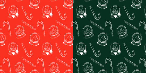 Naklejka premium Christmas pattern on a red and green background with Christmas balls and sweets