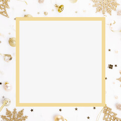 Christmas decorations and confetti, golden square frame. Festive template on a white background