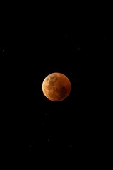 Vertical shot of a red full moon isolated on the black background in the starry sky
