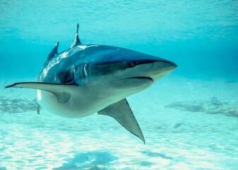 Big dangerous shark (Selachimorpha) swimming in the ocean on a sunny day