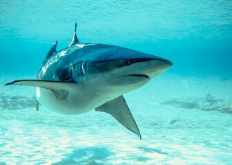 Fototapeta premium Big dangerous shark (Selachimorpha) swimming in the ocean on a sunny day